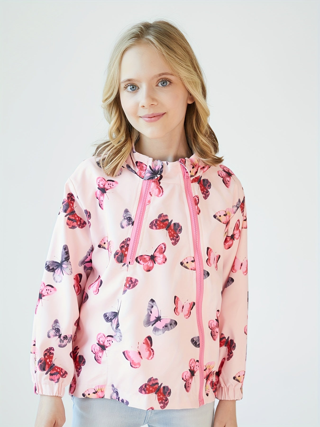 Girls' Butterfly Print Zip Hooded Windbreaker for Outdoor Girls