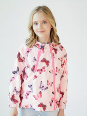 Girls' Butterfly Print Zip Hooded Windbreaker for Outdoor Girls