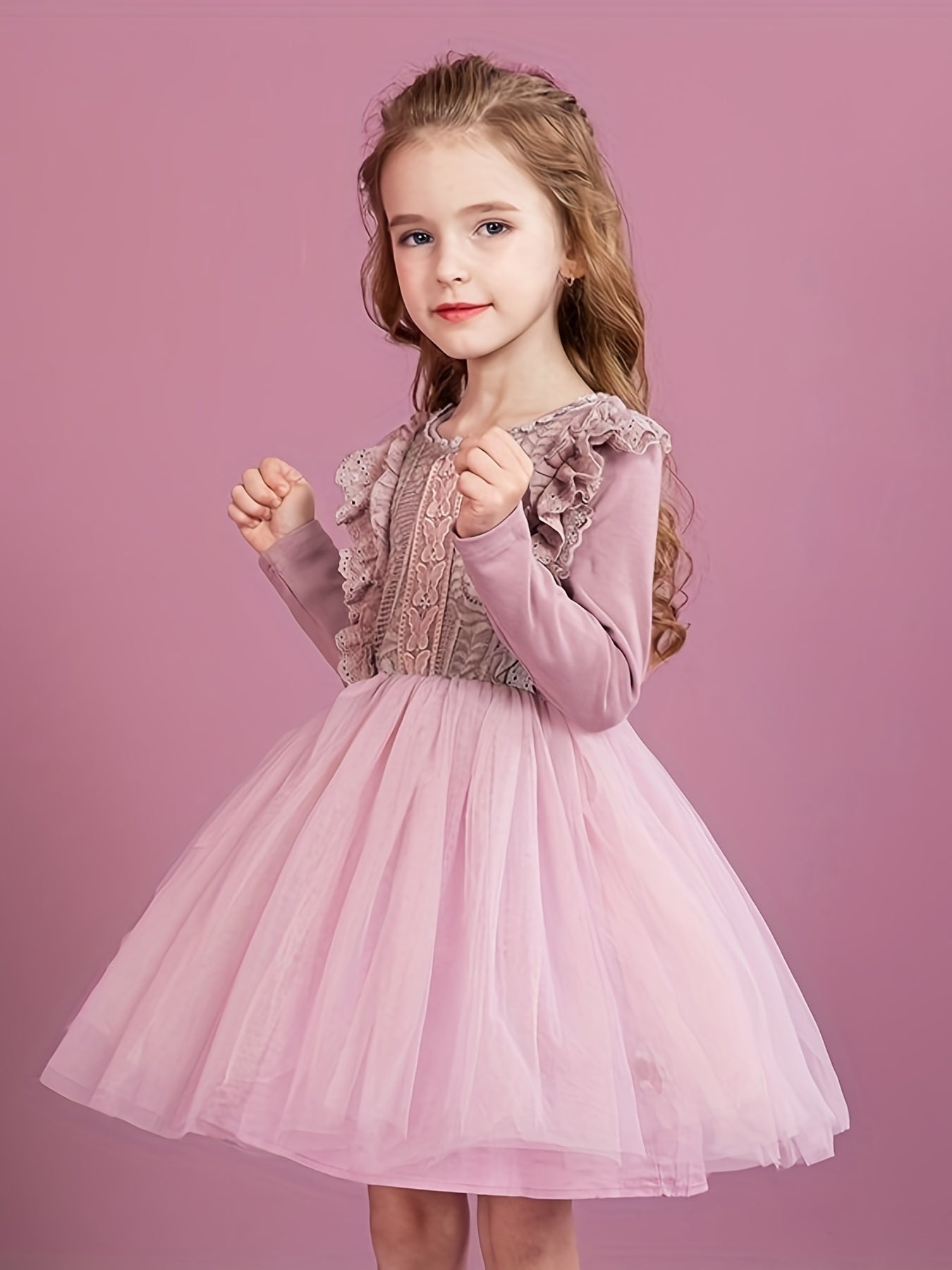 Girls' Butterfly Lace Tutu Dress Long Sleeve Birthday Princess Dress