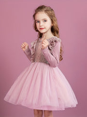 Girls' Butterfly Lace Tutu Dress Long Sleeve Birthday Princess Dress