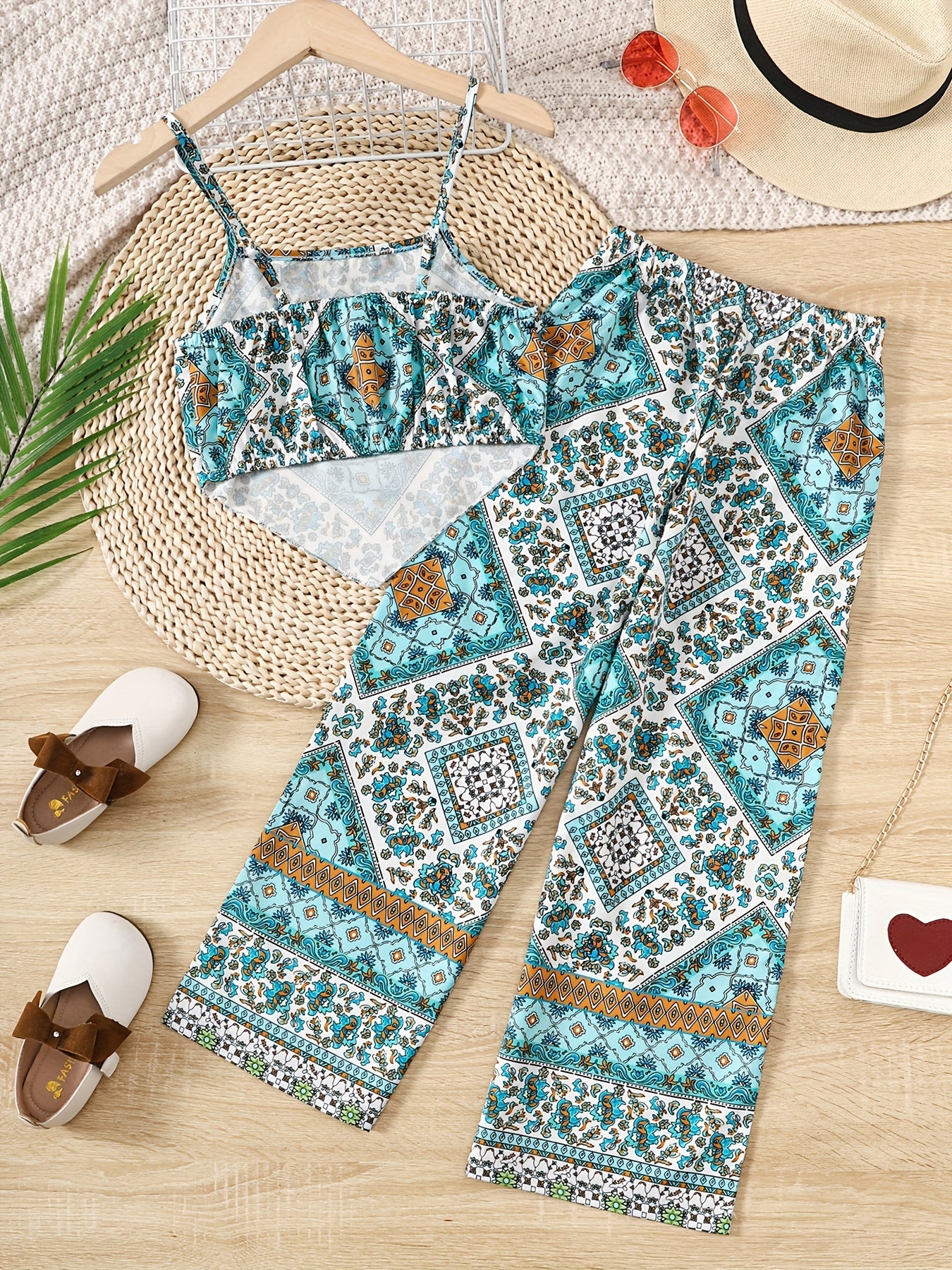 Girls Ethnic Pattern Asymmetric Cami Top & Pants Set for Vacation Outfit