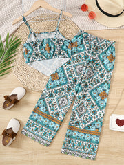 Girls Ethnic Pattern Asymmetric Cami Top & Pants Set for Vacation Outfit