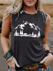 Mountain Print Tank Top Sleeveless Crew Neck Casual Top