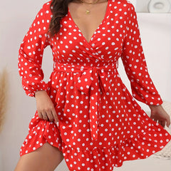 Polka Dot Lantern Sleeve Dress Ruffle Trim