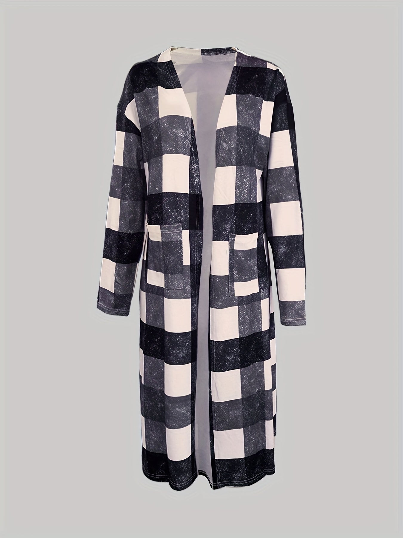 Plaid Print Pocket Open Front Coat Long Sleeve Outerwear