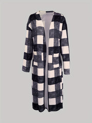 Plaid Print Pocket Open Front Coat Long Sleeve Outerwear