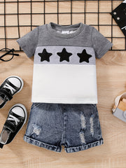 2pcs Baby Boys Star Embroidery T shirt & Ripped Denim Shorts Set
