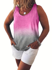Ombre Print Tank Top Round Neck Stretchy Plus Women's