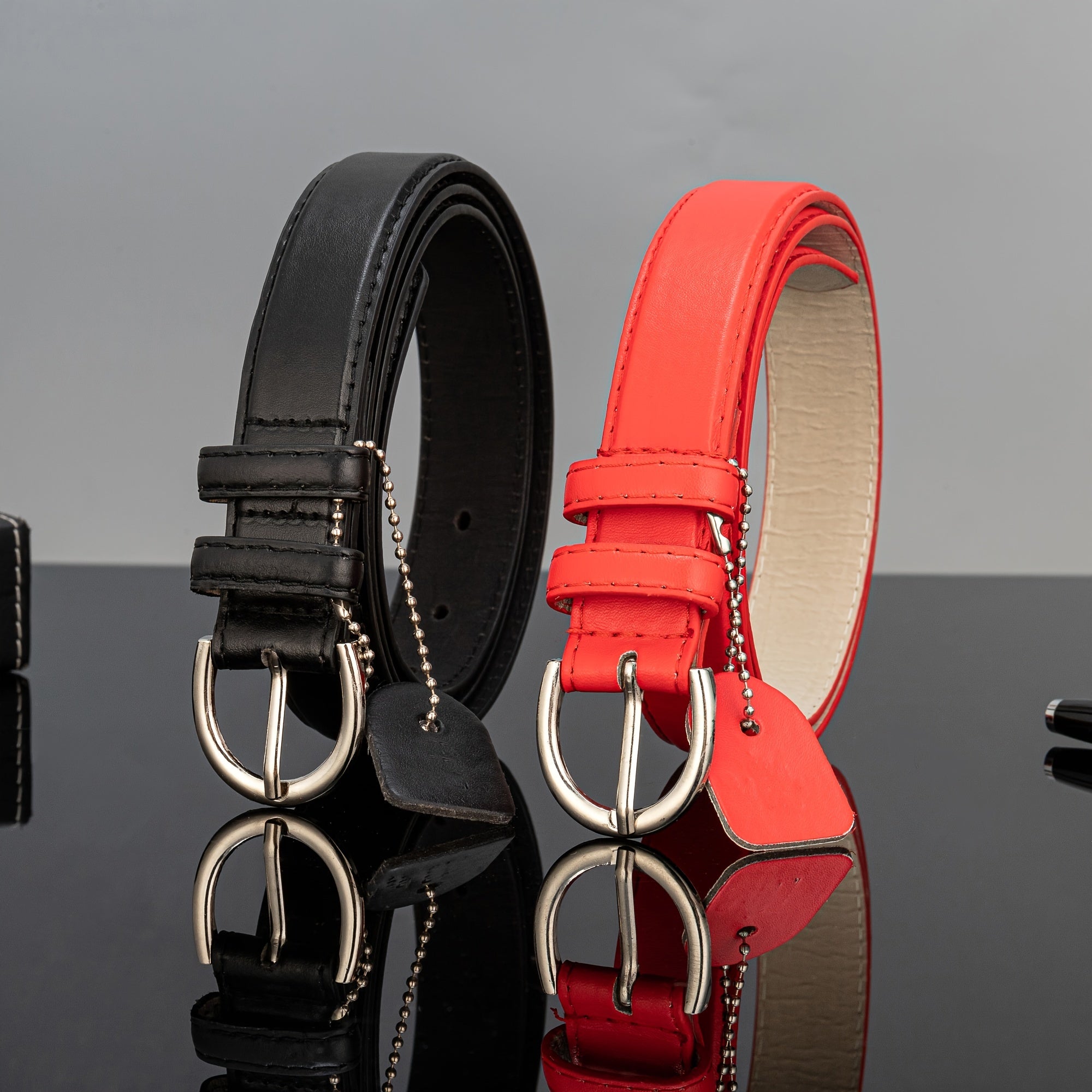 2pcs Casual PU Belt with Nail Bead Chain Pendant for Women