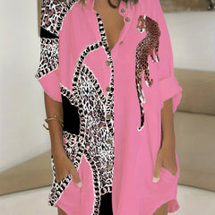 Casual Blouse Women's Plus Chain & Leopard Print Button Up