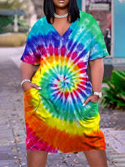 Women's Plus Tie Dye Short Sleeve V Neck Stretch Dress With Pockets
