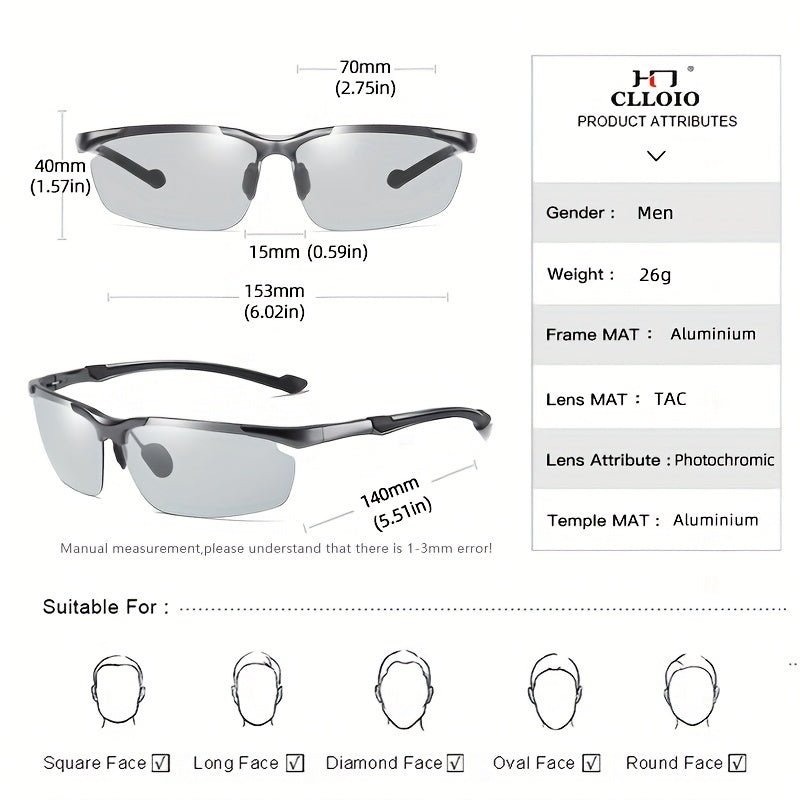 CLLOIO Polarized Photochromic Sunglasses Men's Rimless Night Driving Glasses