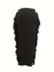 Solid Tassel Trim Maxi Midi Skirt