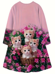 Girls 3D Kitty Long Sleeve Dress