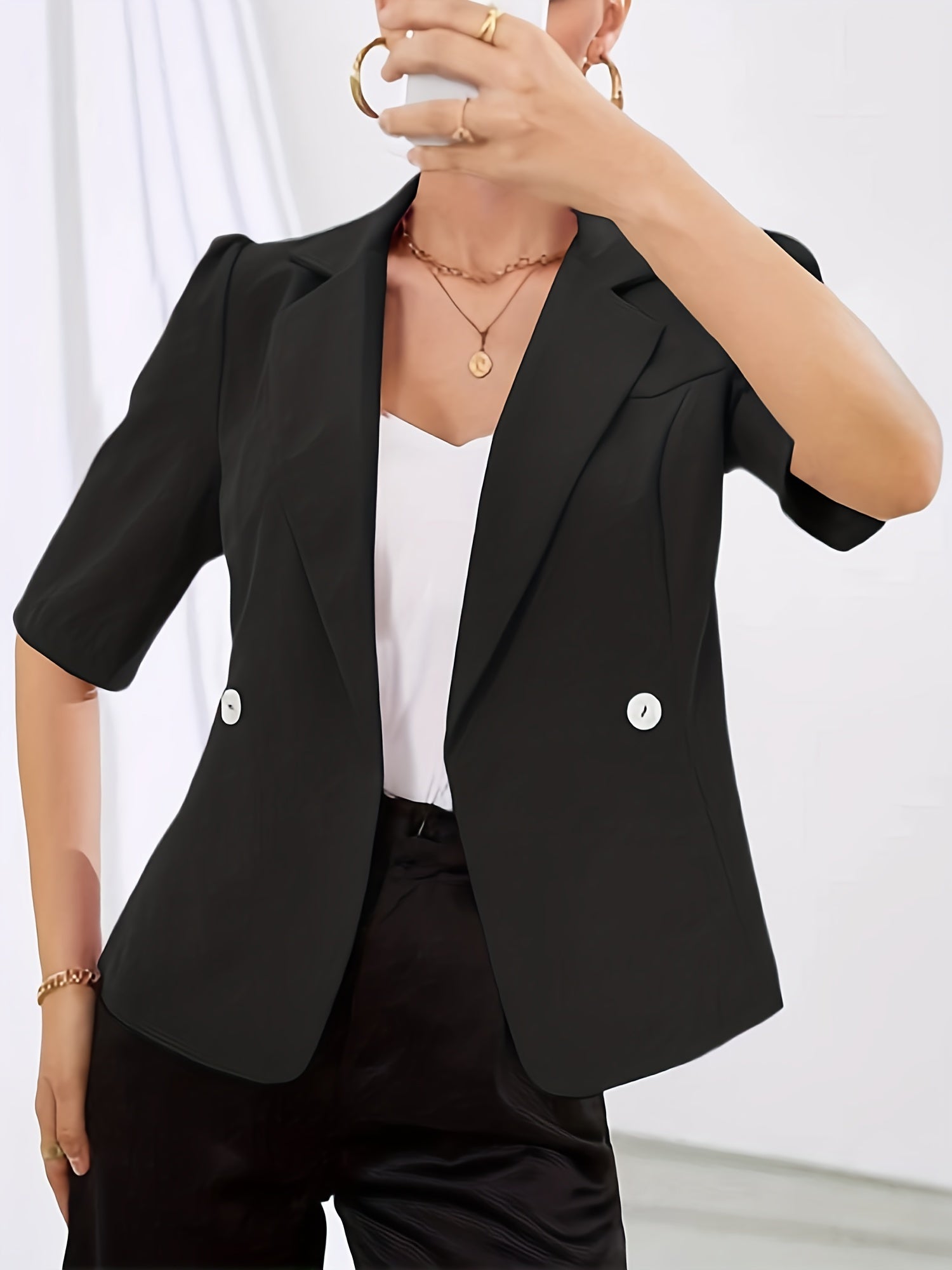 Short Sleeve Lapel Blazer Solid Open Front Women's Outerwear