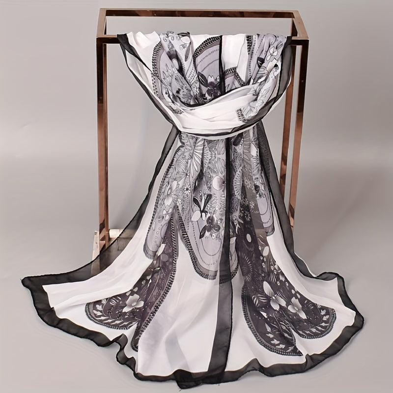 Geometric Flower Print Chiffon Scarf Thin Windproof Shawl