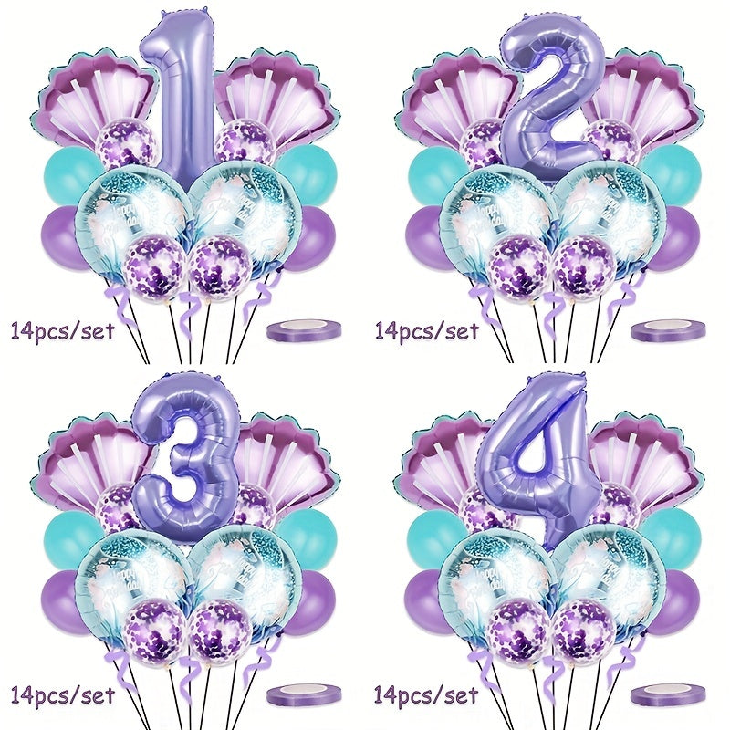 Mermaid Themed Birthday Party Balloon Set - Purple Shells & Numbers