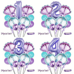 Mermaid Themed Birthday Party Balloon Set - Purple Shells & Numbers