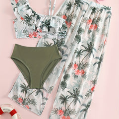 Girl's Bikini Swimsuit 3pcs Ruffle Decor Camisole & Briefs & Pants Set