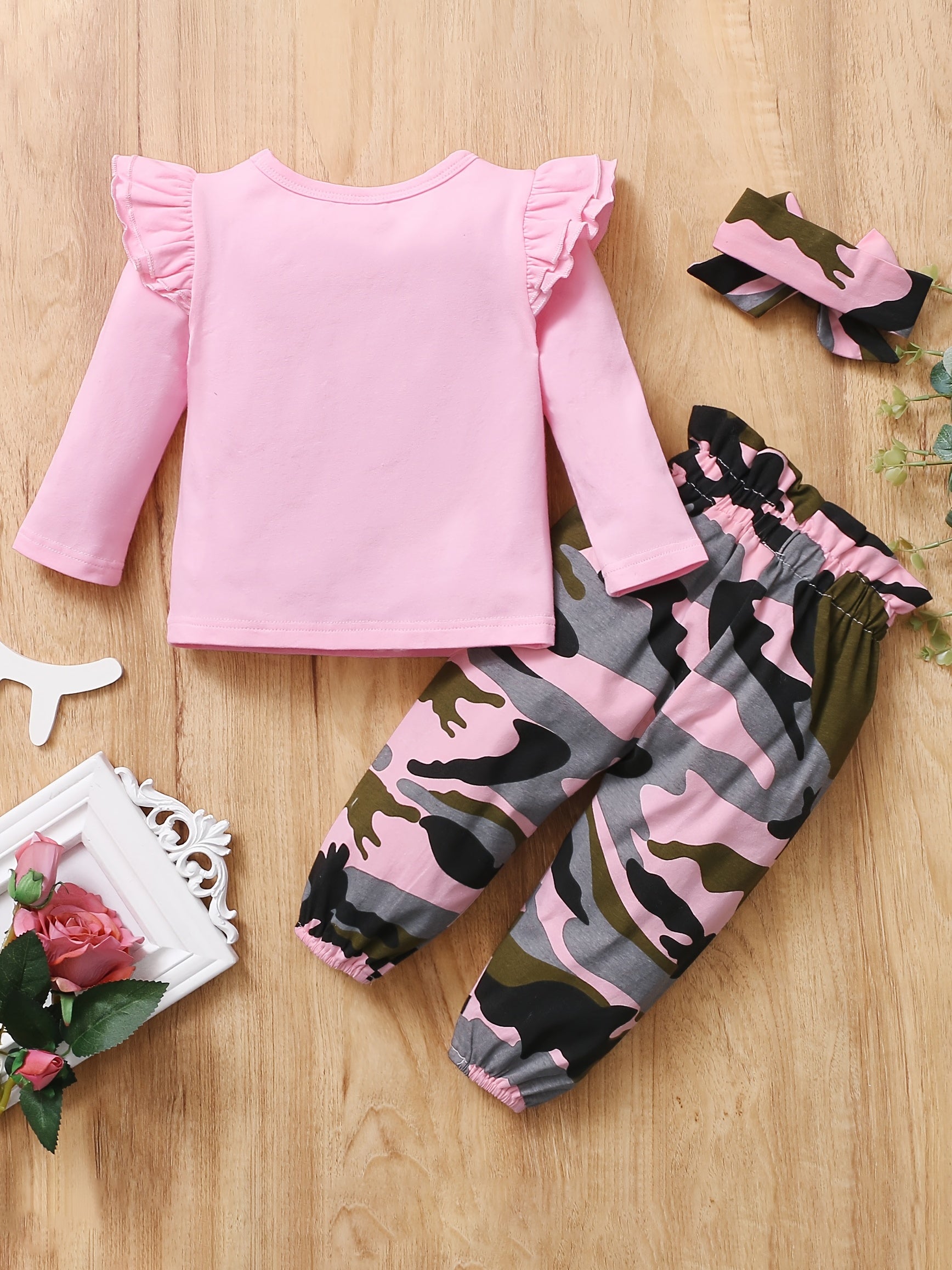 2pcs Baby Girl Letter Long Sleeve Top Camouflage Trousers Set
