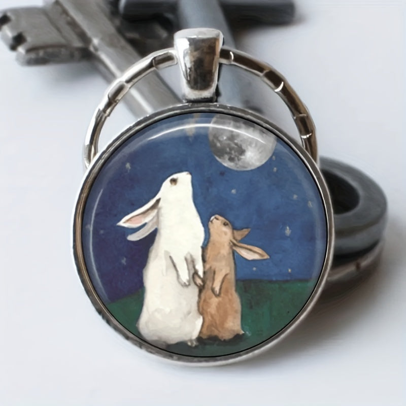 Men's Two Rabbits Watching Moon Keychain Bag Wallet Charm