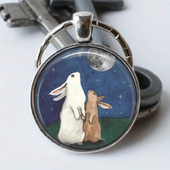 Men's Two Rabbits Watching Moon Keychain Bag Wallet Charm