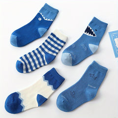 5 Boys Shark Plaid Socks Breathable Odor-proof Students Socks