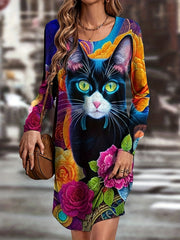 Cat Print Round Neck Dress