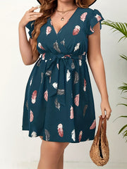 Women's Cap Sleeve Feather Print Dress