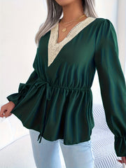 Women's Plus Solid Long Bell Sleeve Applique V Neck Drawstring Waist Blouse