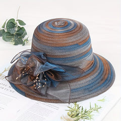 Candy Striped Sun Hat Rolled Brim Organza Flower Decor Bucket Hat