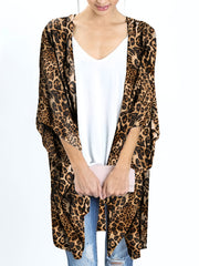Leopard Print V Neck Cover Up Shirt Loose Fit Long Sleeve Rash Guard Kimono