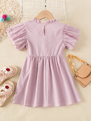 Girls Princess Dress Ruffle Neck Puff Sleeve High Waist Swing Dress