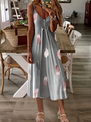 Women's Sleeveless Feather Print V Neck Long Dress