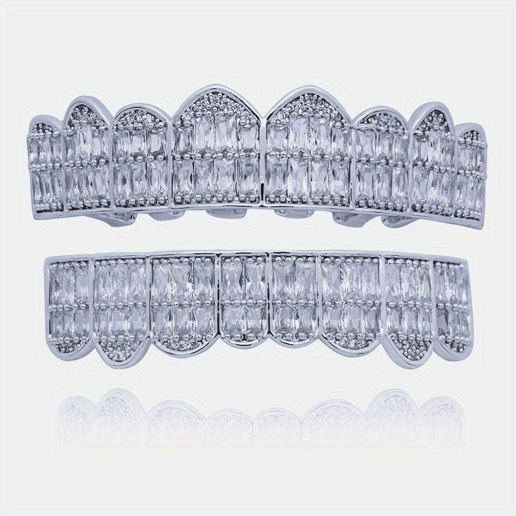18K Unisex Big Gold Teeth Square Pave CZ 8 Teeth Top Bottom