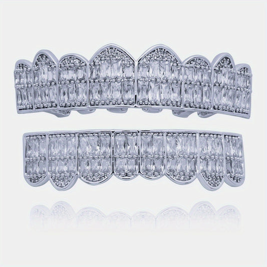 18K Unisex Big Gold Teeth Square Pave CZ 8 Teeth Top Bottom