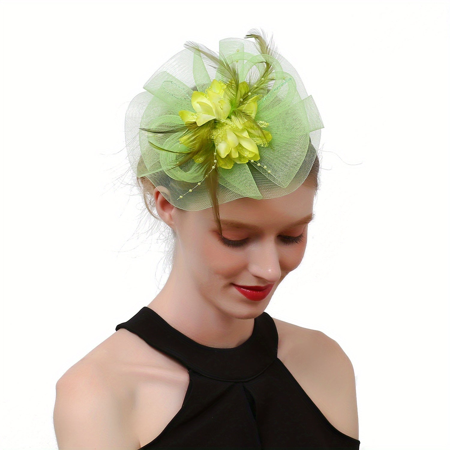 Lady Mesh Hat with Faux Feather Head Piece Accessories