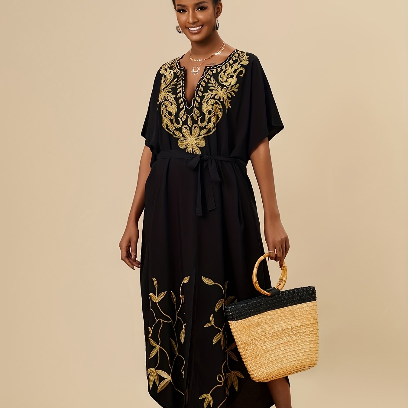 Women's Plus Boho Abaya Dress with Floral Embroidery