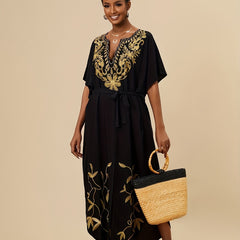 Women's Plus Boho Abaya Dress with Floral Embroidery