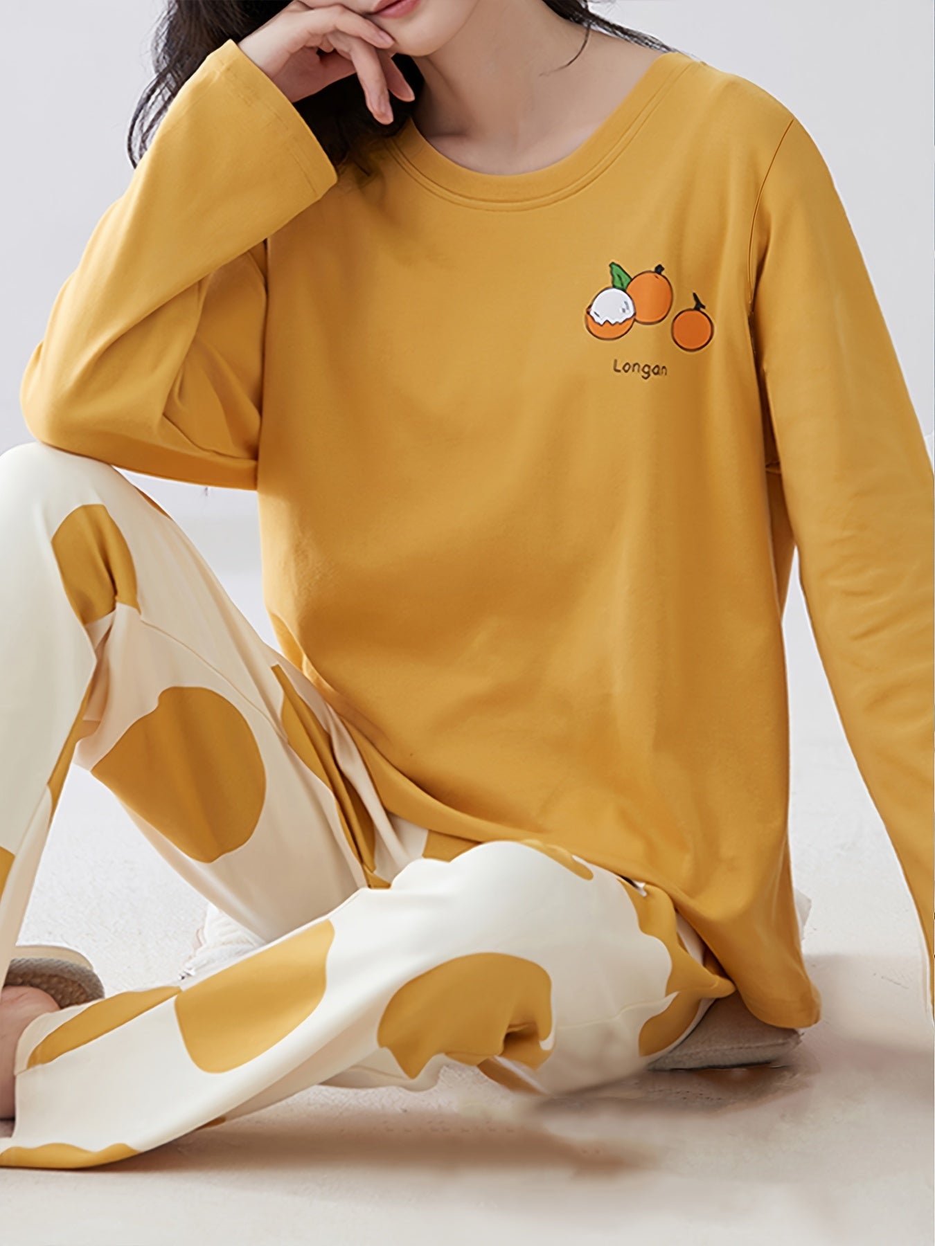 Cartoon Print Pajama Set Long Sleeve Crew Neck Top & Elastic Waistband Pants