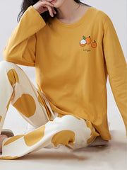 Cartoon Print Pajama Set Long Sleeve Crew Neck Top & Elastic Waistband Pants