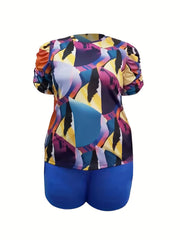 Allover Print Puff Sleeve Top & Drawstring Shorts Set