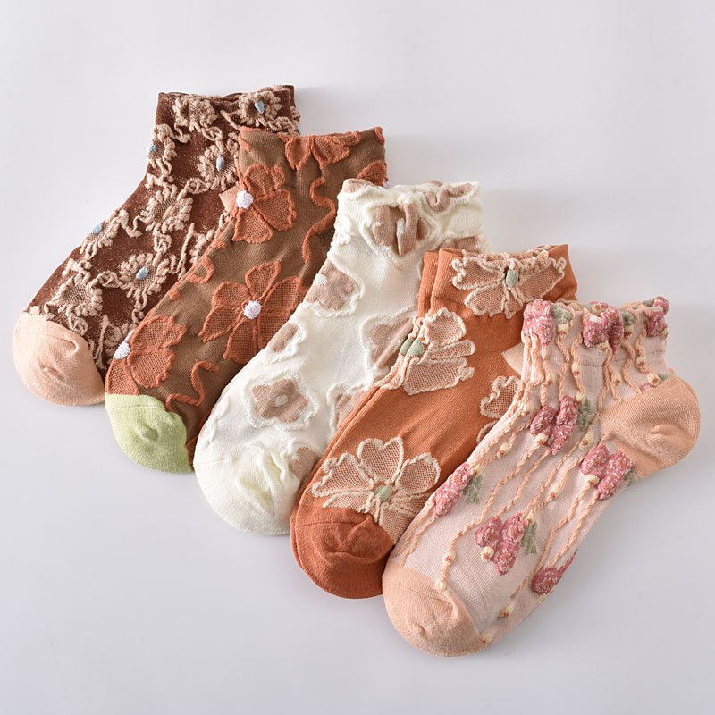 5 Pairs 3D Floral Textured Socks Retro Style Short Women's Stockings