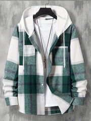 Men's Hooded Plaid Long Shirt for Autumn