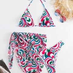Halter Tie Back 3 Piece Swimsuit Set Bikini With Cover Up