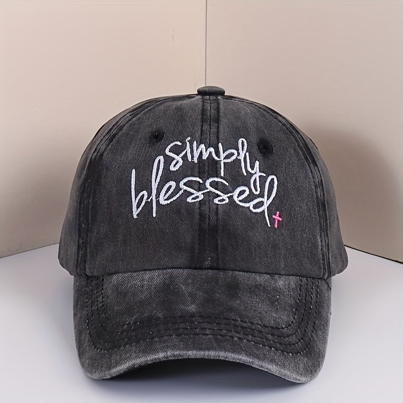 Simply Blessed Embroidery Baseball Cap Washed Distressed Sun Hat Adjustable