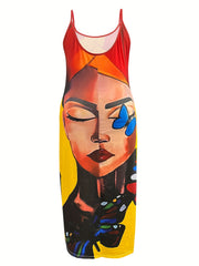Colorblock Abstract Figure Butterfly Print Maxi Dress