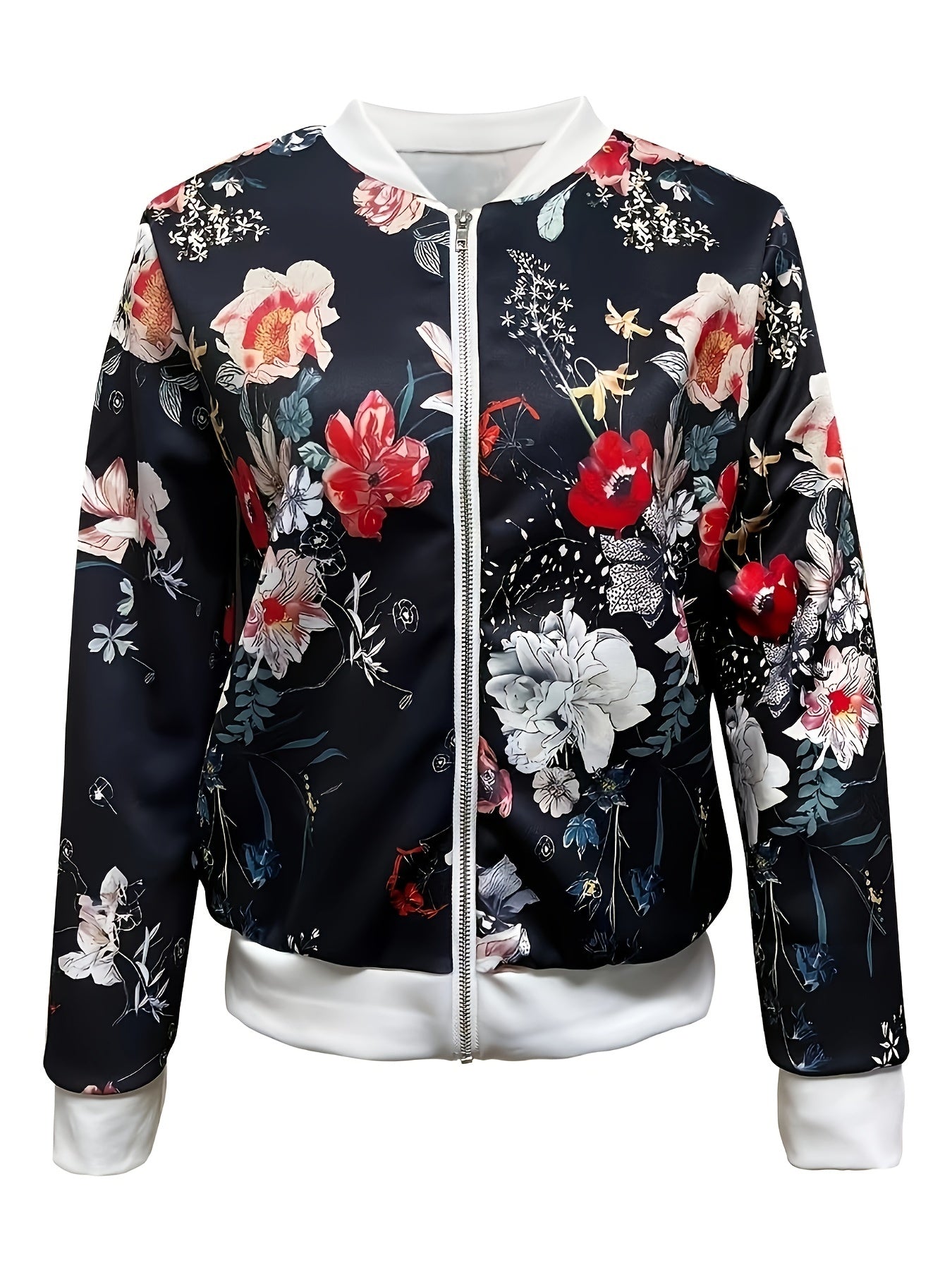 Floral Print Zipper Jacket Spring & Fall Women's Clothing