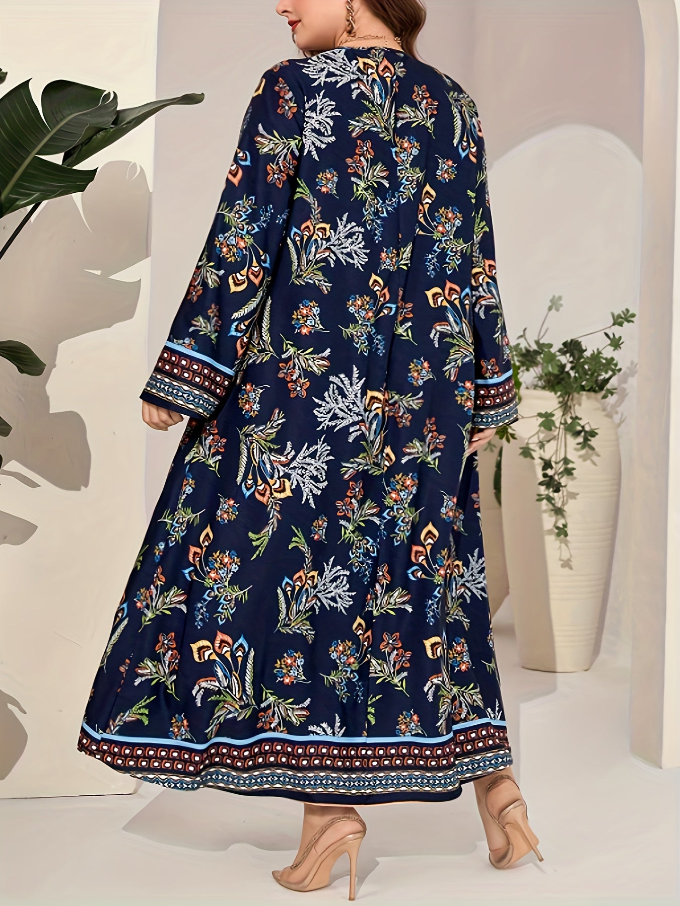Border Floral Print Abaya Dress Fringe Tie Neck Maxi Jalabiya Dress