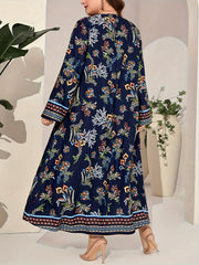 Border Floral Print Abaya Dress Fringe Tie Neck Maxi Jalabiya Dress